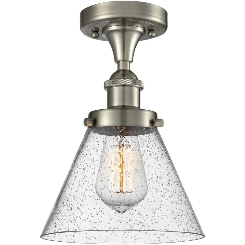 Cone 1 Light 7.75 inch Brushed Satin Nickel Semi-Flush Mount Ceiling Light in Seedy Glass