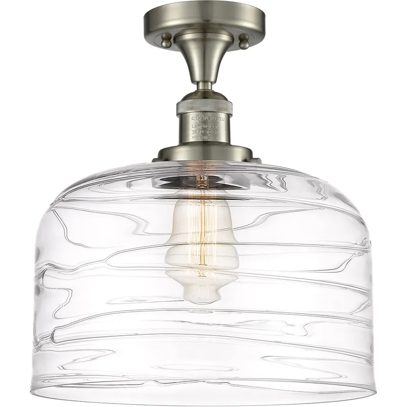 Franklin Restoration Bell LED 12 inch Brushed Satin Nickel Semi-Flush Mount Ceiling Light in Clear Deco Swirl Glass