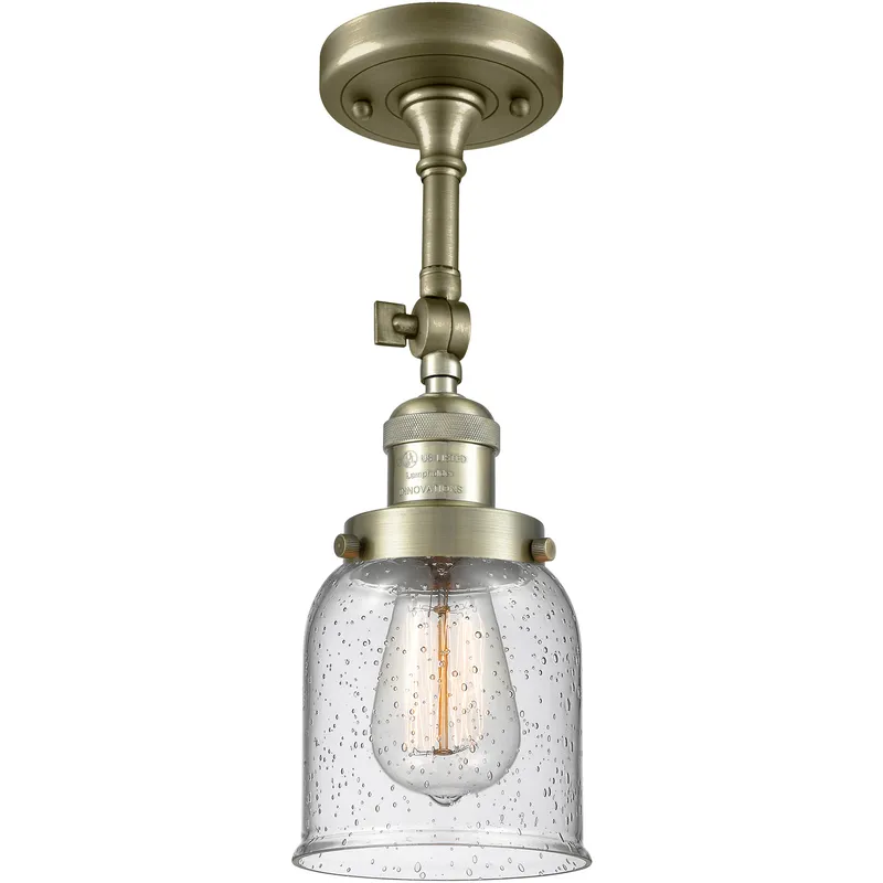 Franklin Restoration Small Bell LED 5 inch Antique Brass Semi-Flush Mount Ceiling Light in Seedy Glass, Franklin Restoration
