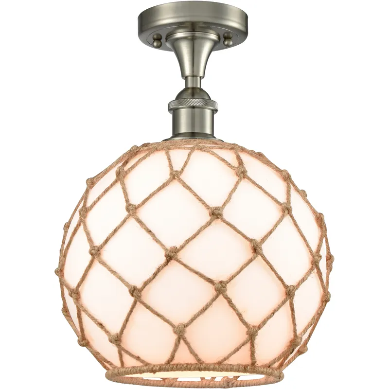 Edison Farmhouse Rope 1 Light 10 inch Brushed Satin Nickel Semi-Flush Mount Ceiling Light in White Glass with Brown Rope