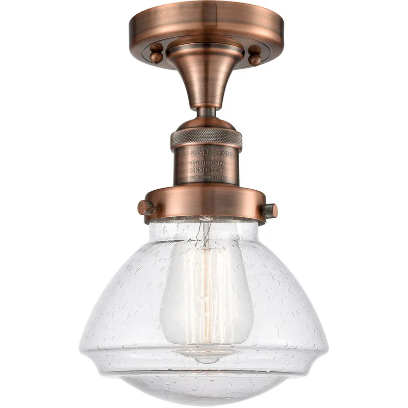 Franklin Restoration Olean 1 Light 6.75 inch Antique Copper Semi-Flush Mount Ceiling Light in Seedy Glass, Franklin Restoration