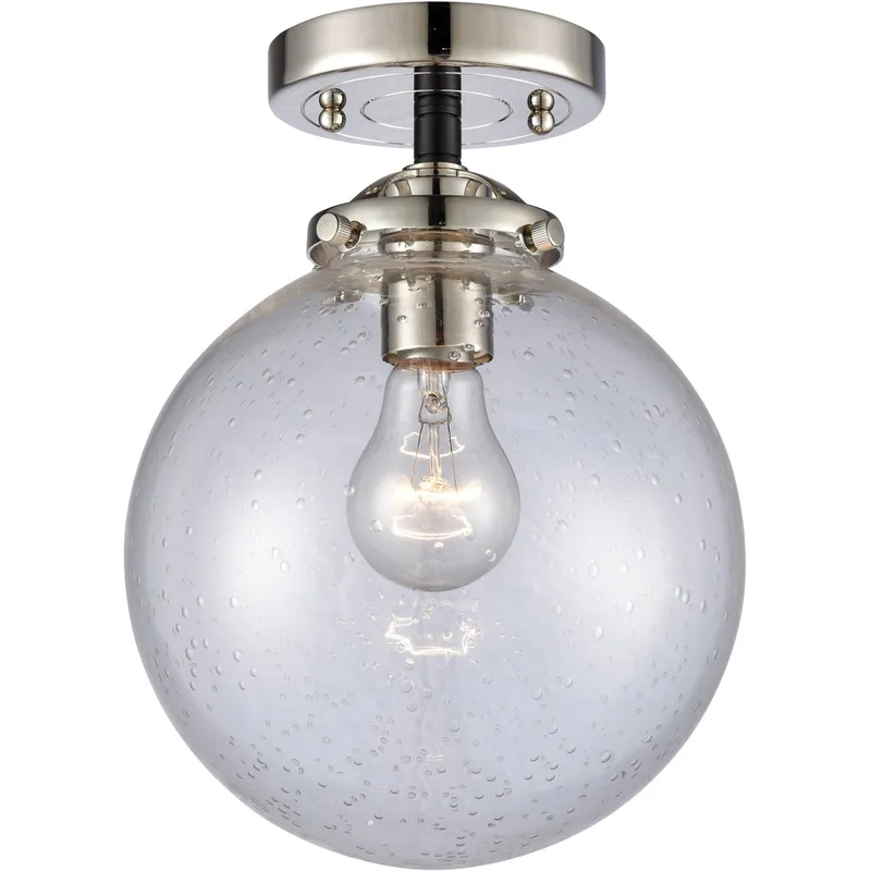 Nouveau Large Beacon LED 8 inch Black Polished Nickel Semi-Flush Mount Ceiling Light in Seedy Glass, Nouveau