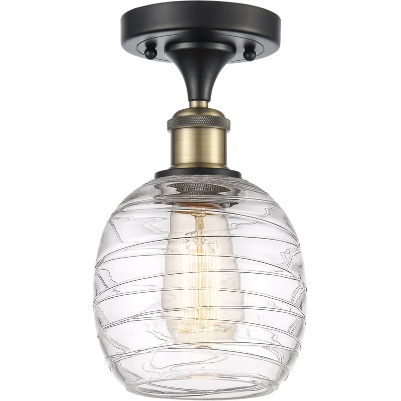 Ballston Belfast LED 6 inch Black Antique Brass Semi-Flush Mount Ceiling Light in Deco Swirl Glass