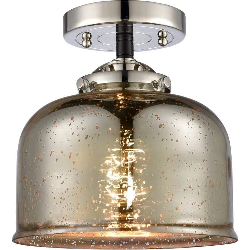 Nouveau Large Bell LED 8 inch Black Polished Nickel Semi-Flush Mount Ceiling Light in Silver Plated Mercury Glass, Nouveau