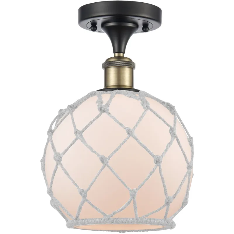 Ballston Farmhouse Rope LED 8 inch Black Antique Brass Semi-Flush Mount Ceiling Light in White Glass with White Rope, Ballston