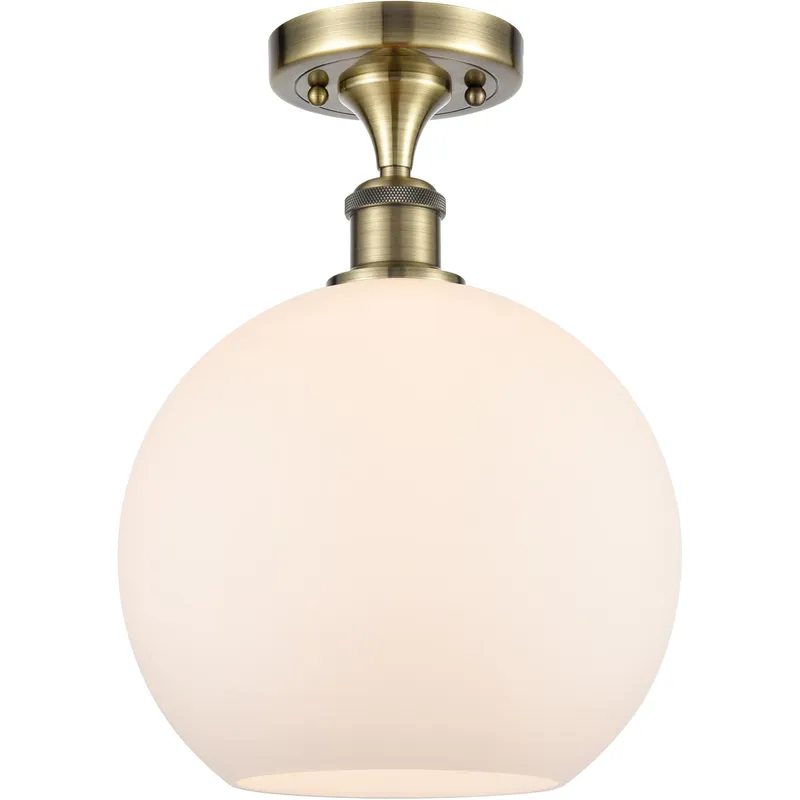 Ballston Large Athens LED 10 inch Antique Brass Semi-Flush Mount Ceiling Light in Matte White Glass, Ballston