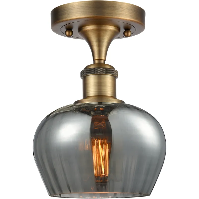 Fenton 1 Light 6.5 inch Brushed Brass Semi-Flush Mount Ceiling Light in Plated Smoke Glass