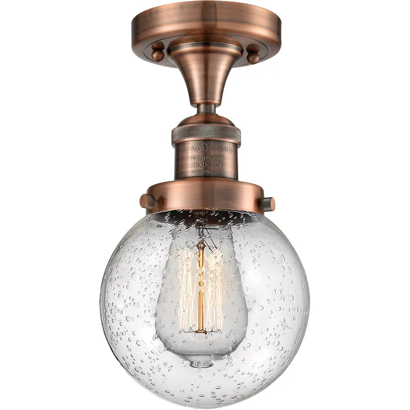 Franklin Restoration Beacon 1 Light 6 inch Antique Copper Semi-Flush Mount Ceiling Light in Seedy Glass, Franklin Restoration