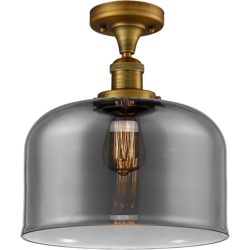Franklin Restoration X-Large Bell LED 12 inch Brushed Brass Semi-Flush Mount Ceiling Light in Plated Smoke Glass, Franklin Restoration