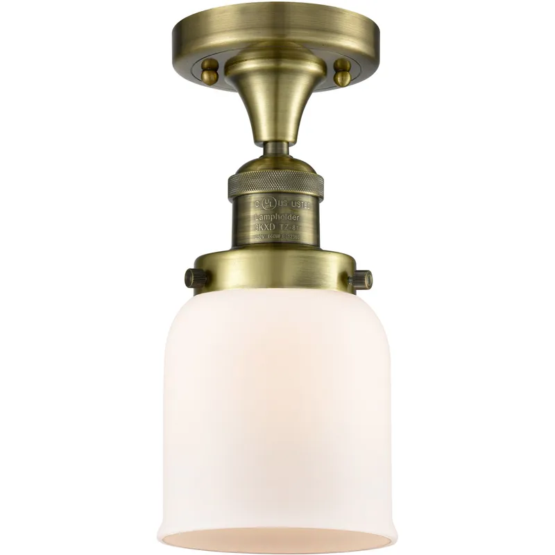 Franklin Restoration Small Bell 1 Light 5 inch Antique Brass Semi-Flush Mount Ceiling Light in Incandescent, Matte White Glass, Franklin Restoration