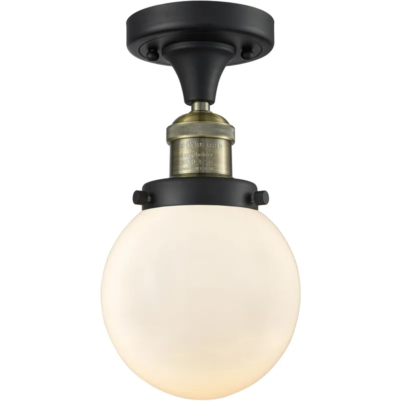 Franklin Restoration Beacon 1 Light 6 inch Black Antique Brass Semi-Flush Mount Ceiling Light in Matte White Glass, Franklin Restoration
