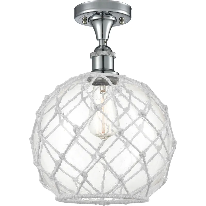 Edison Farmhouse Rope 1 Light 10 inch Polished Chrome Semi-Flush Mount Ceiling Light in Clear Glass with White Rope