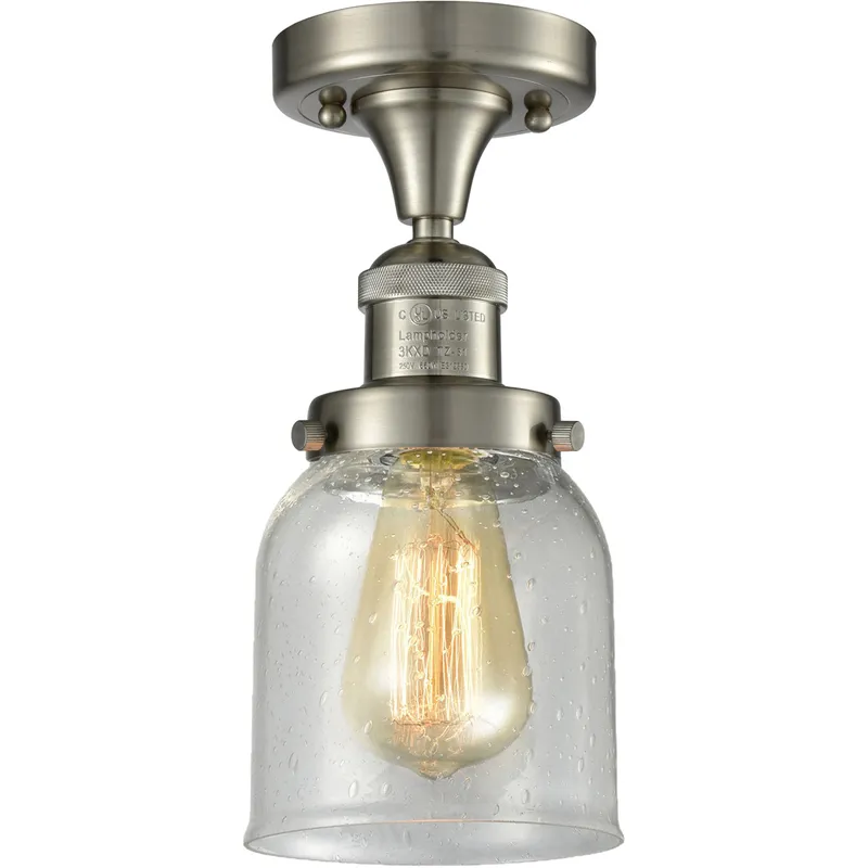 Franklin Restoration Small Bell 1 Light 5 inch Brushed Satin Nickel Semi-Flush Mount Ceiling Light in Seedy Glass, Franklin Restoration
