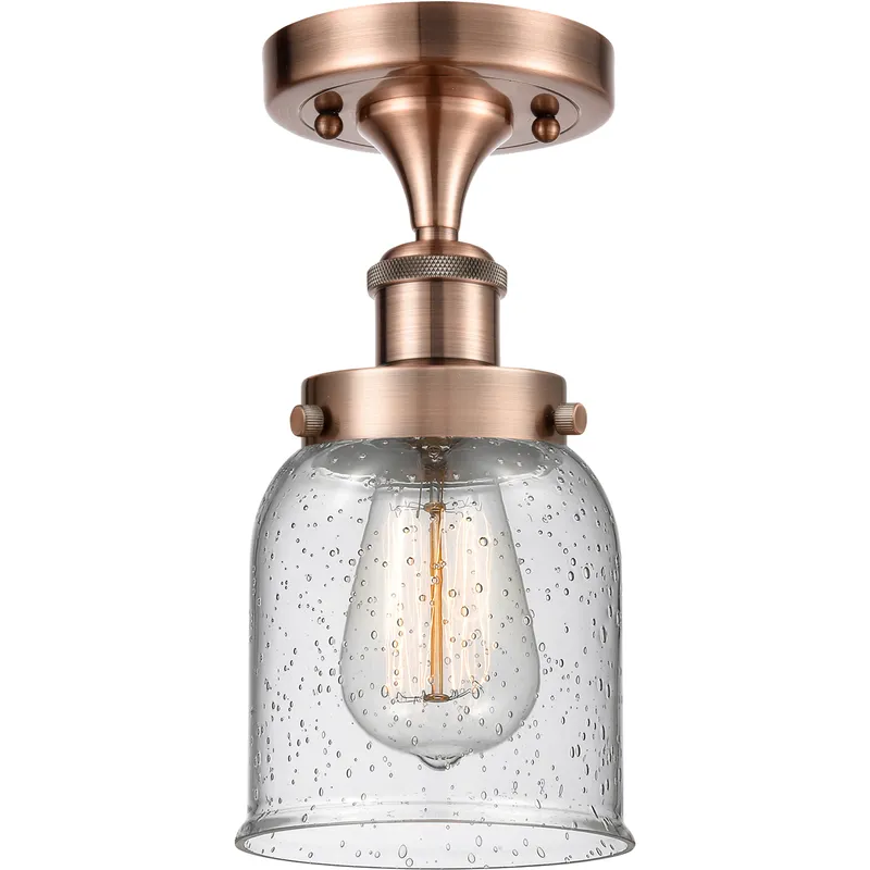 Bell 1 Light 5 inch Antique Copper Semi-Flush Mount Ceiling Light in Seedy Glass