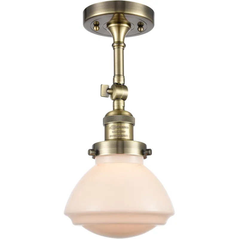 Franklin Restoration Olean LED 7 inch Antique Brass Semi-Flush Mount Ceiling Light in Matte White Glass, Franklin Restoration