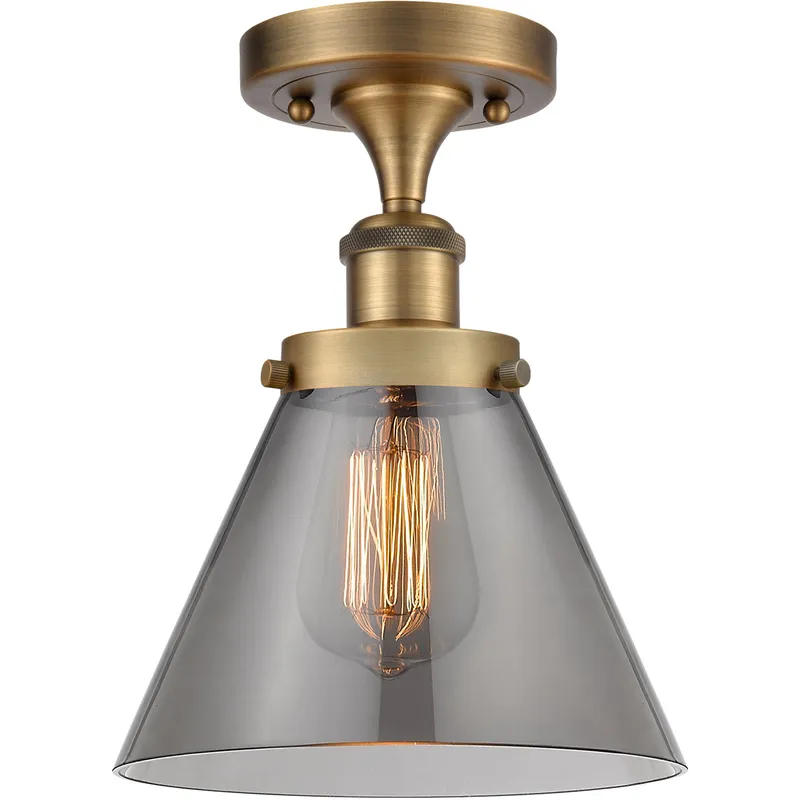 Ballston Large Cone LED 8 inch Brushed Brass Semi-Flush Mount Ceiling Light in Light Smoke Glass