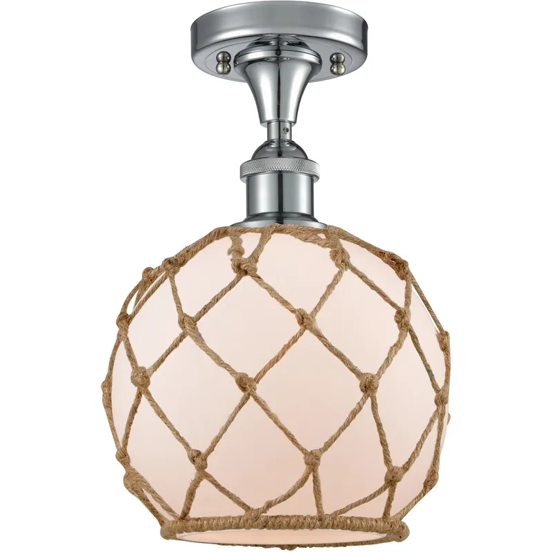 Ballston Farmhouse Rope LED 8 inch Polished Chrome Semi-Flush Mount Ceiling Light in White Glass with Brown Rope, Ballston