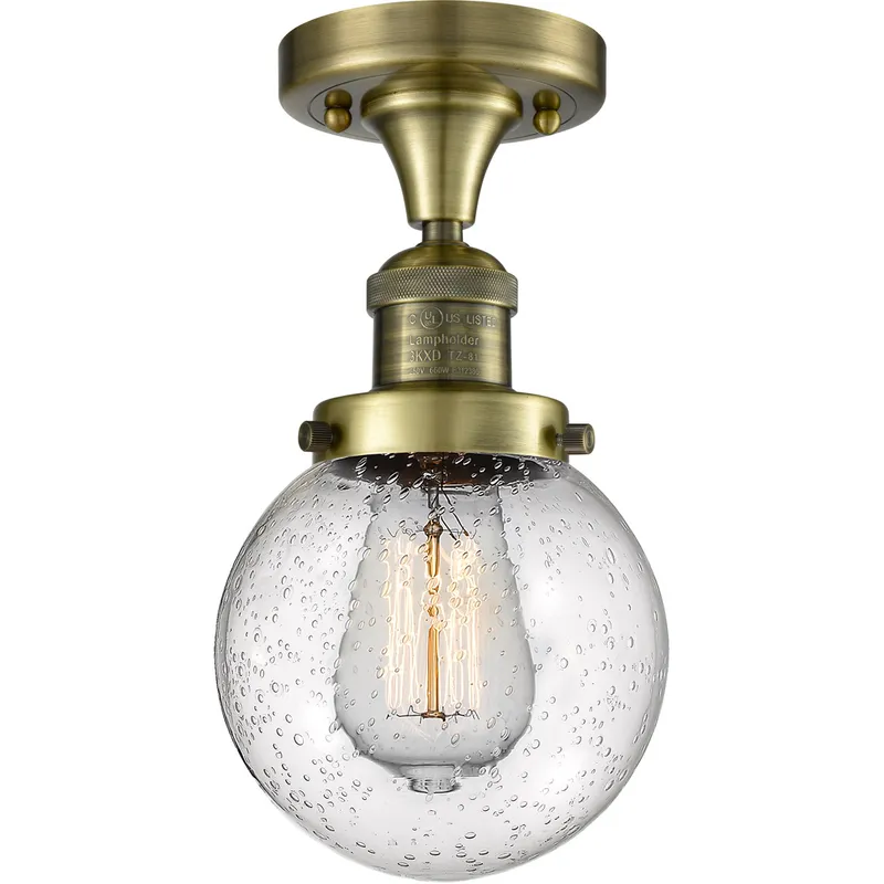 Franklin Restoration Beacon 1 Light 6 inch Antique Brass Semi-Flush Mount Ceiling Light in Seedy Glass, Franklin Restoration