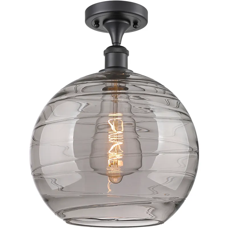 Edison Athens Deco Swirl 1 Light 12 inch Matte Black Semi-Flush Mount Ceiling Light in Light Smoke Deco Swirl Glass