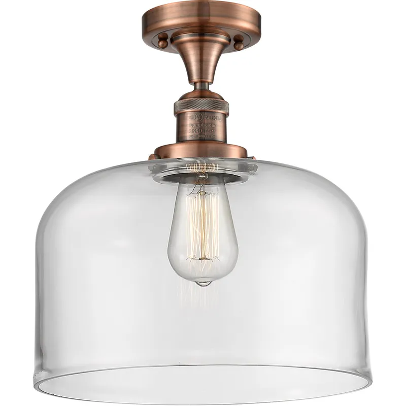 Franklin Restoration X-Large Bell LED 12 inch Antique Copper Semi-Flush Mount Ceiling Light in Clear Glass, Franklin Restoration