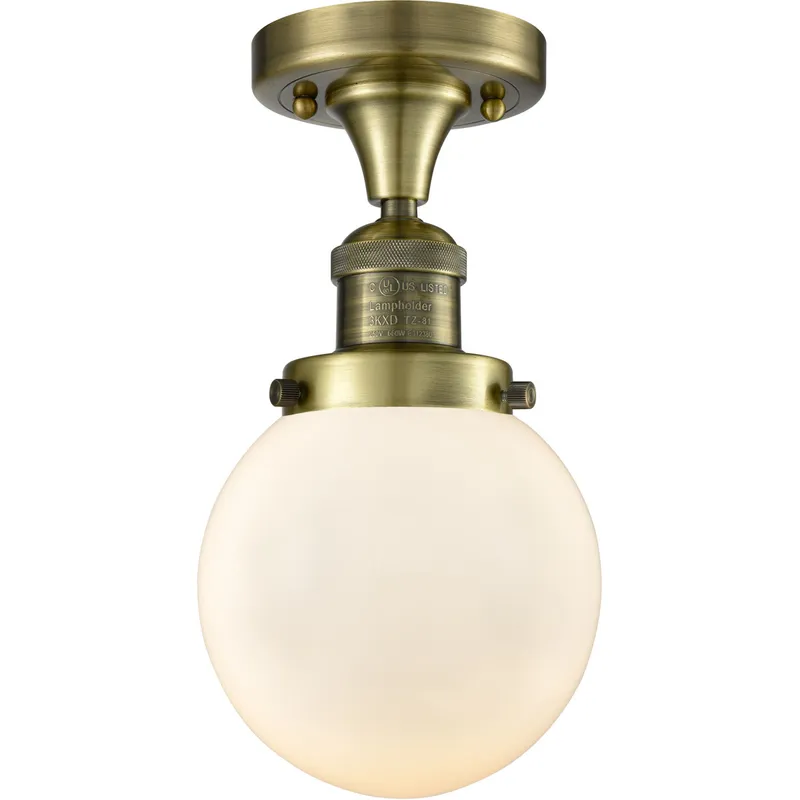 Franklin Restoration Beacon 1 Light 6 inch Antique Brass Semi-Flush Mount Ceiling Light in Matte White Glass, Franklin Restoration