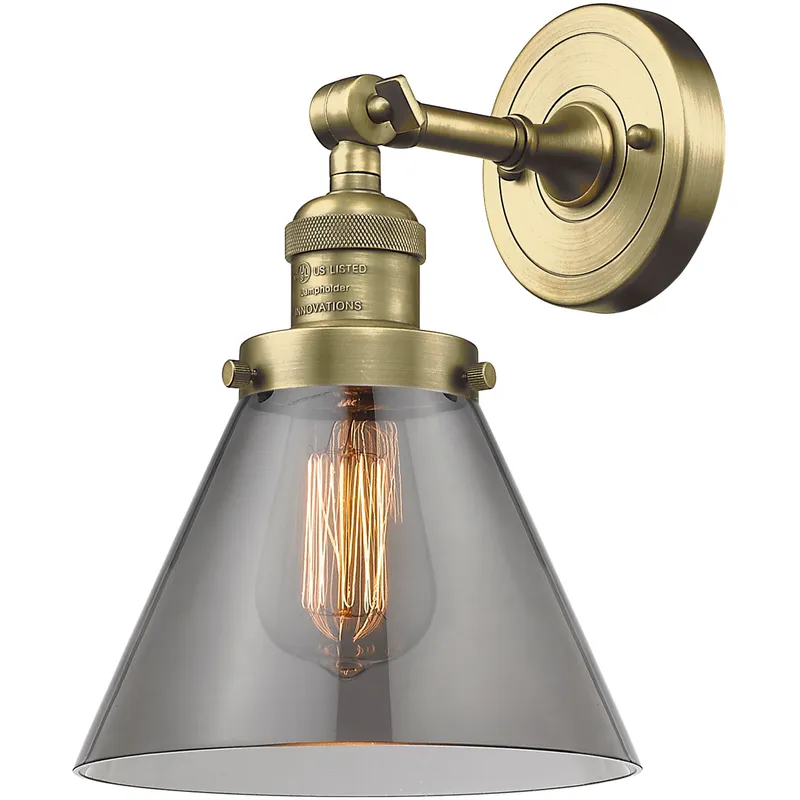 Franklin Restoration Large Cone 1 Light 7.75 inch Antique Brass Semi-Flush Mount Ceiling Light in Light Smoke Glass, Franklin Restoration