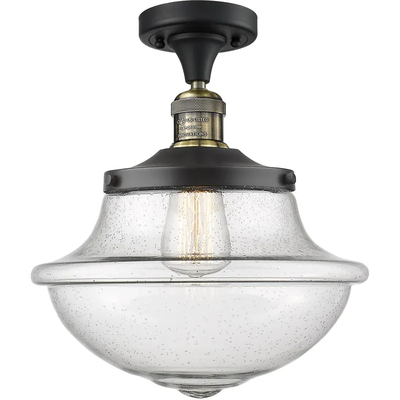 Franklin Restoration Large Oxford 1 Light 12 inch Black Antique Brass Semi-Flush Mount Ceiling Light in Seedy Glass, Franklin Restoration