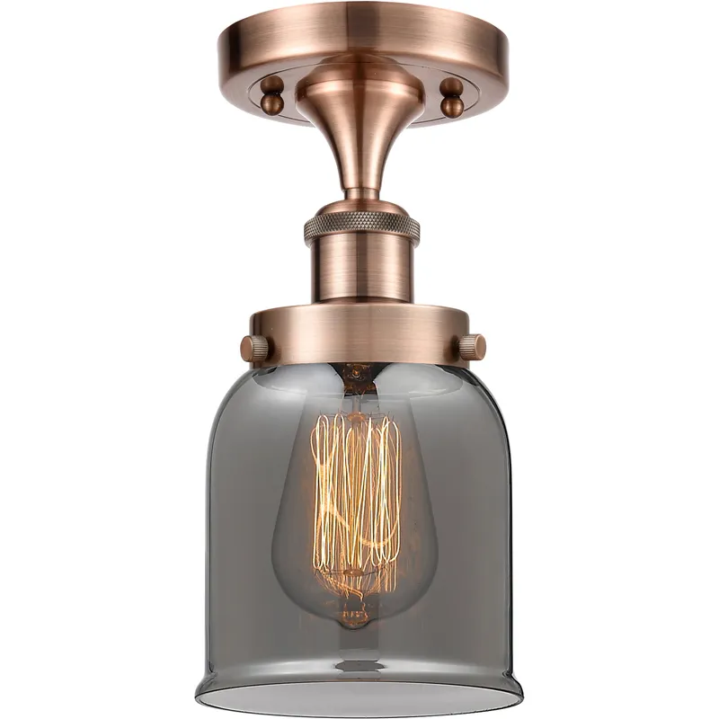Bell 1 Light 5 inch Antique Copper Semi-Flush Mount Ceiling Light in Light Smoke Glass