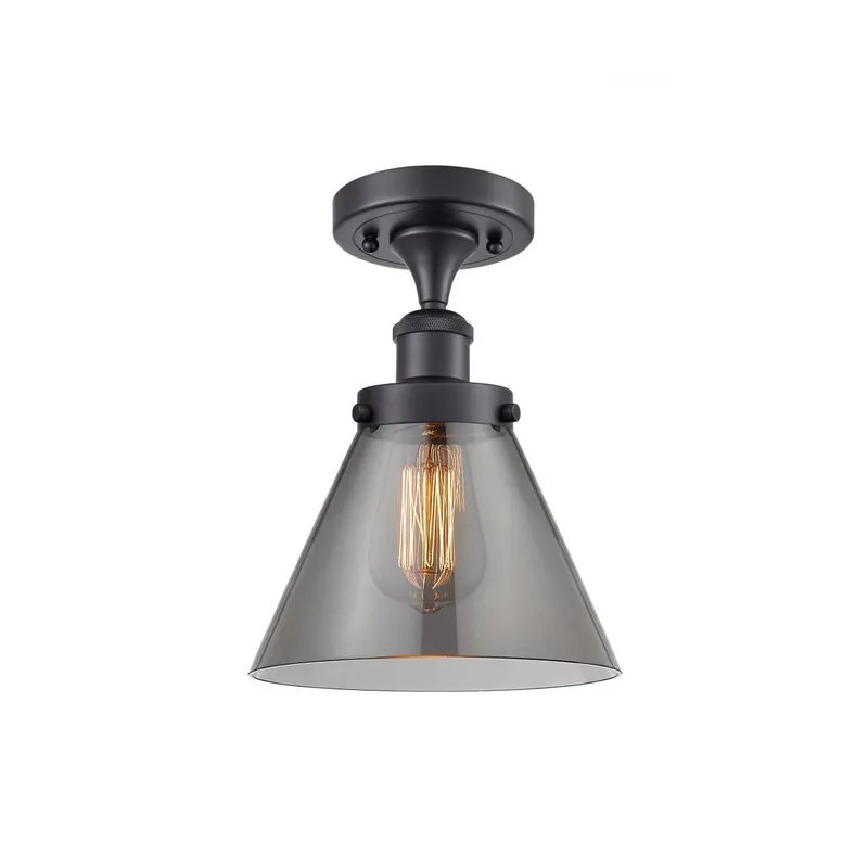 Ballston Large Cone LED 8 inch Matte Black Semi-Flush Mount Ceiling Light in Plated Smoke Glass, Ballston