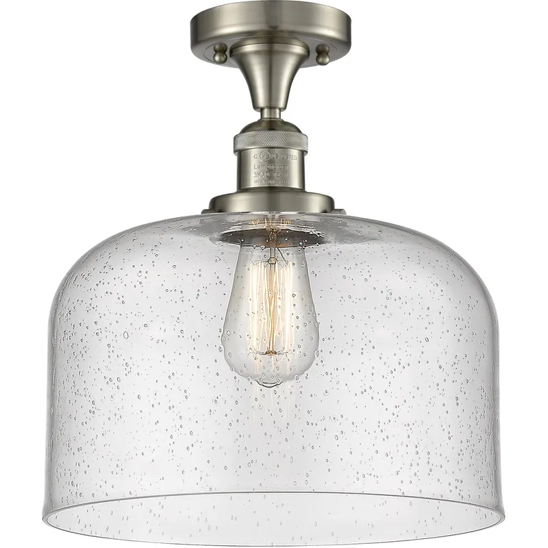 Franklin Restoration X-Large Bell LED 12 inch Brushed Satin Nickel Semi-Flush Mount Ceiling Light in Seedy Glass, Franklin Restoration