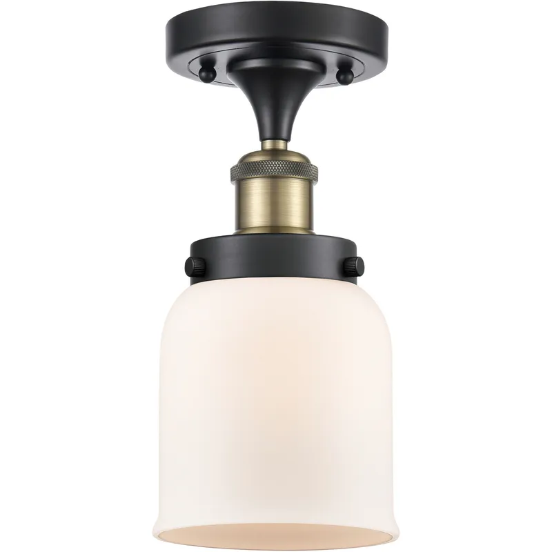 Bell 1 Light 5 inch Black Antique Brass Semi-Flush Mount Ceiling Light in Matte White Glass