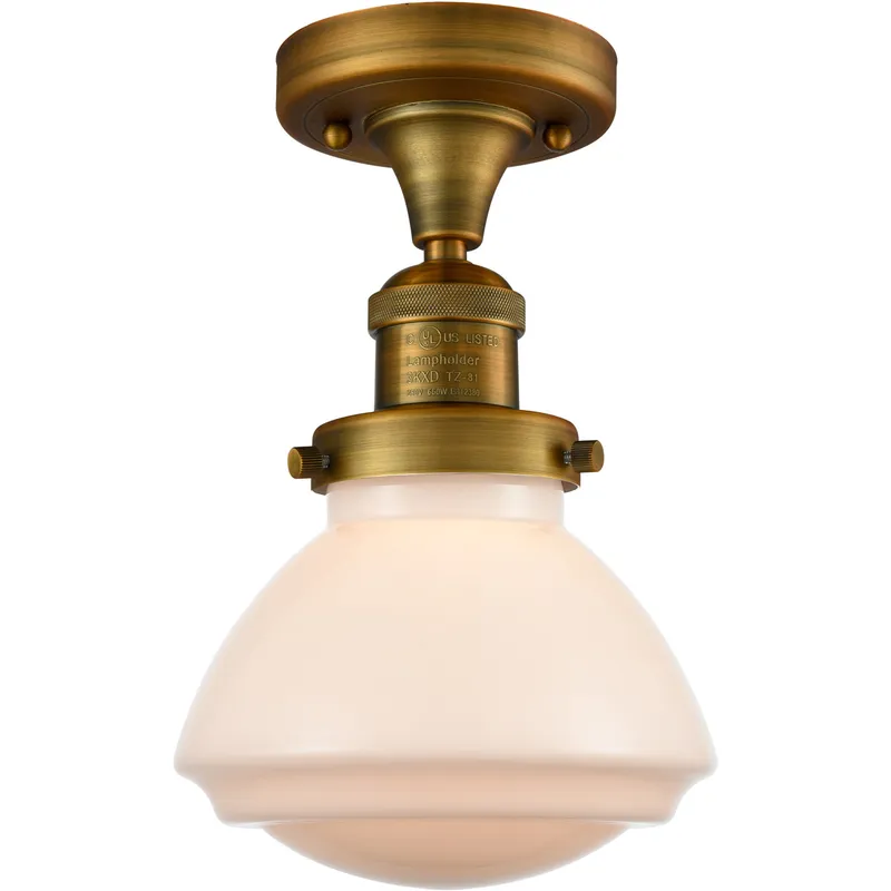 Franklin Restoration Olean 1 Light 7 inch Brushed Brass Semi-Flush Mount Ceiling Light in Matte White Glass, Franklin Restoration