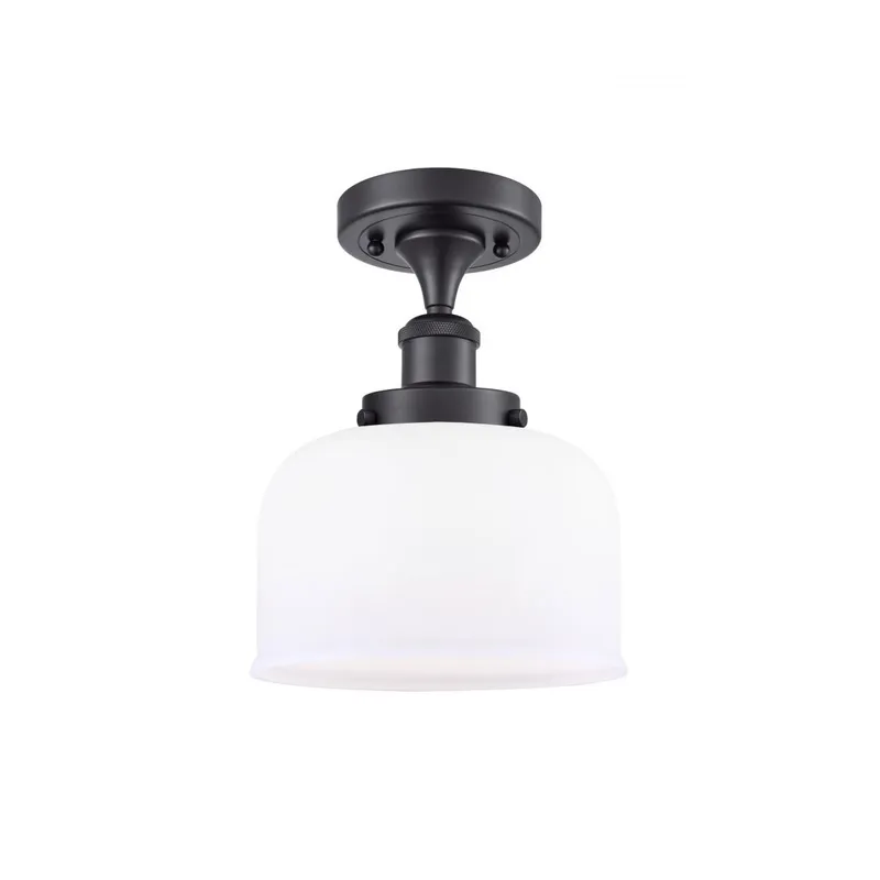 Ballston Large Bell 1 Light 8 inch Matte Black Semi-Flush Mount Ceiling Light in Matte White Glass, Ballston