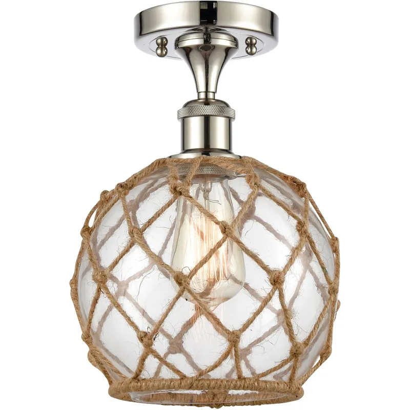 Ballston Farmhouse Rope LED 8 inch Polished Nickel Semi-Flush Mount Ceiling Light in Clear Glass with Brown Rope, Ballston