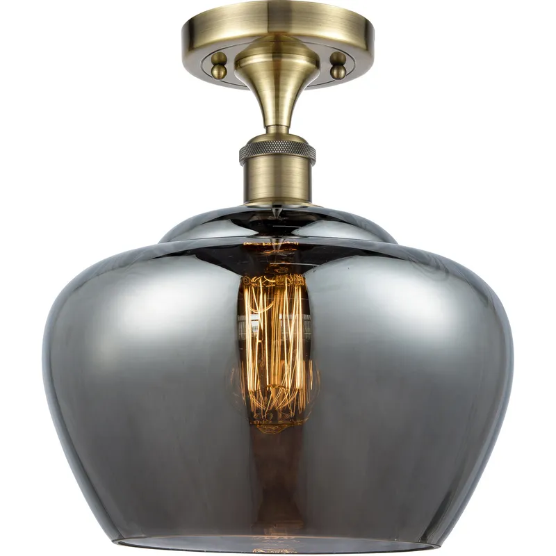 Ballston Large Fenton LED 11 inch Antique Brass Semi-Flush Mount Ceiling Light in Plated Smoke Glass, Ballston