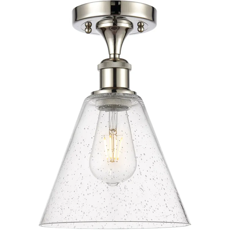 Ballston Cone 1 Light 8 inch Polished Nickel Semi-Flush Mount Ceiling Light in Seedy Glass