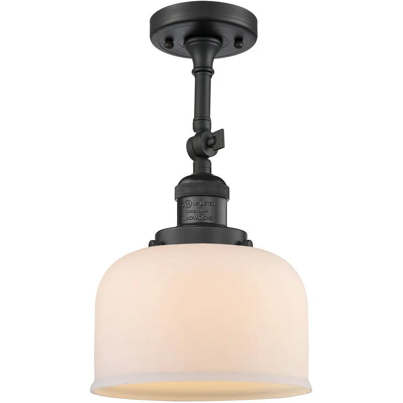 Franklin Restoration Large Bell 1 Light 8 inch Matte Black Semi-Flush Mount Ceiling Light in Matte White Glass, Franklin Restoration