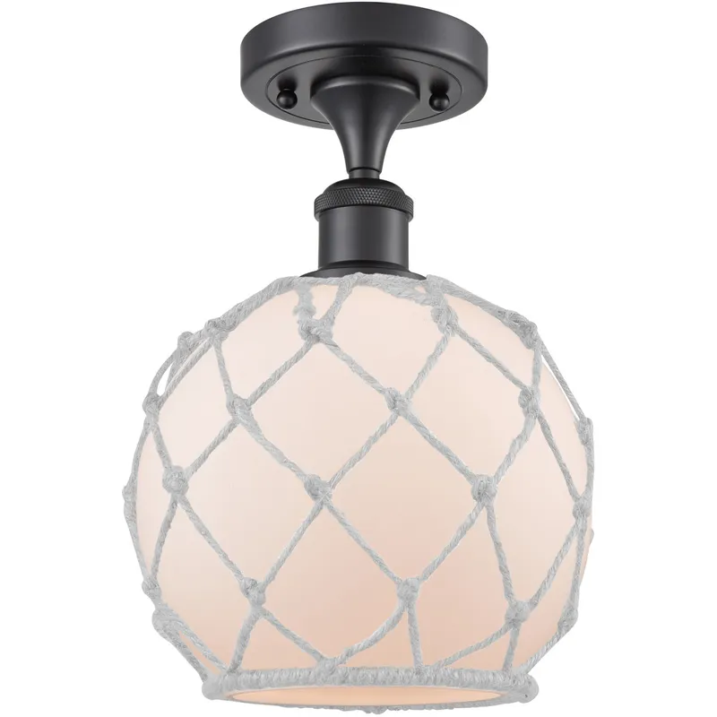 Ballston Farmhouse Rope LED 8 inch Matte Black Semi-Flush Mount Ceiling Light in White Glass with White Rope, Ballston