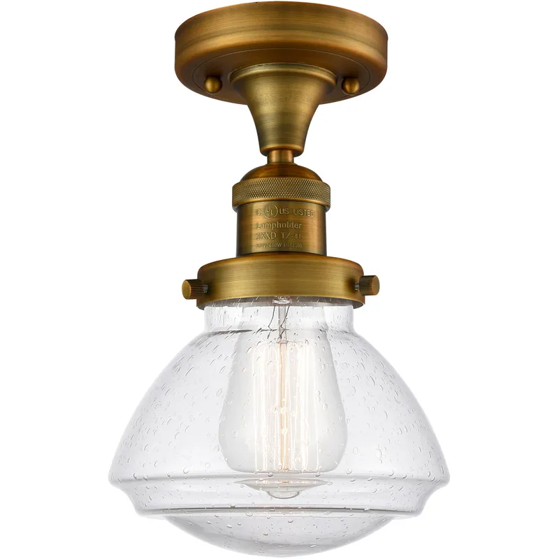 Franklin Restoration Olean 1 Light 7 inch Brushed Brass Semi-Flush Mount Ceiling Light in Seedy Glass, Franklin Restoration