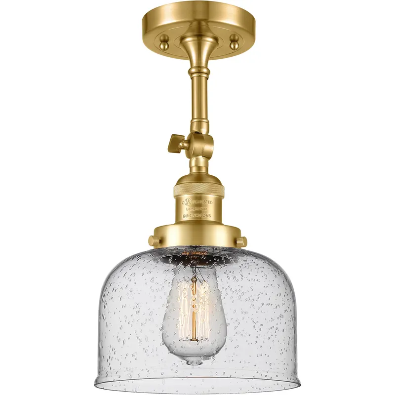 Franklin Restoration Large Bell 1 Light 8 inch Satin Gold Semi-Flush Mount Ceiling Light in Seedy Glass, Franklin Restoration