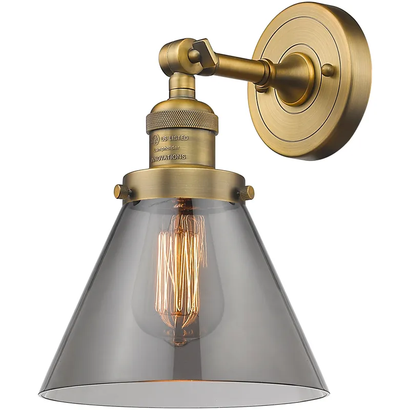 Franklin Restoration Large Cone 1 Light 7.75 inch Brushed Brass Semi-Flush Mount Ceiling Light in Light Smoke Glass, Franklin Restoration
