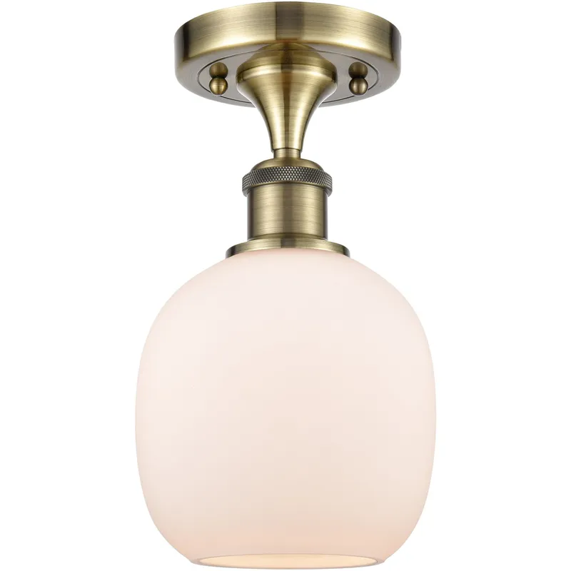 Ballston Belfast LED 6 inch Antique Brass Semi-Flush Mount Ceiling Light in Matte White Glass, Ballston