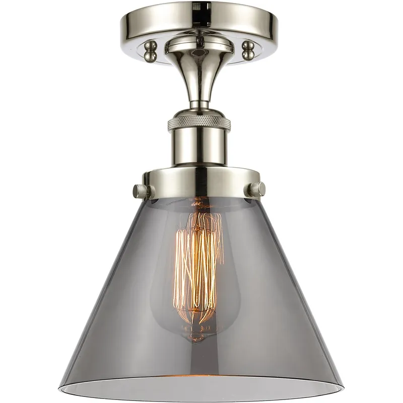 Ballston Large Cone LED 8 inch Polished Nickel Semi-Flush Mount Ceiling Light in Light Smoke Glass
