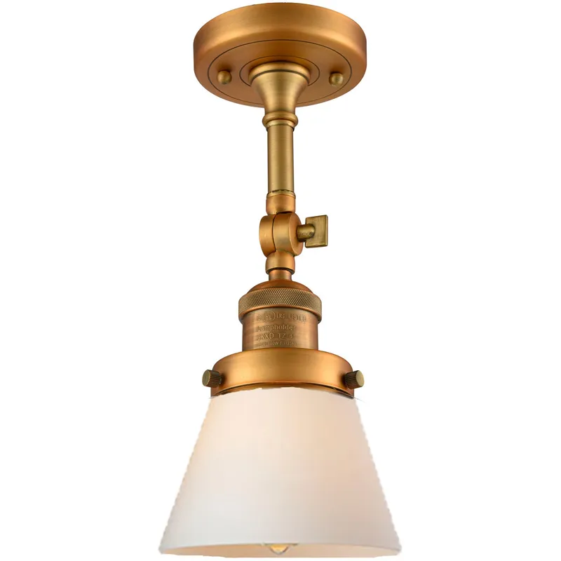Franklin Restoration Small Cone 1 Light 6 inch Brushed Brass Semi-Flush Mount Ceiling Light in Matte White Glass, Franklin Restoration