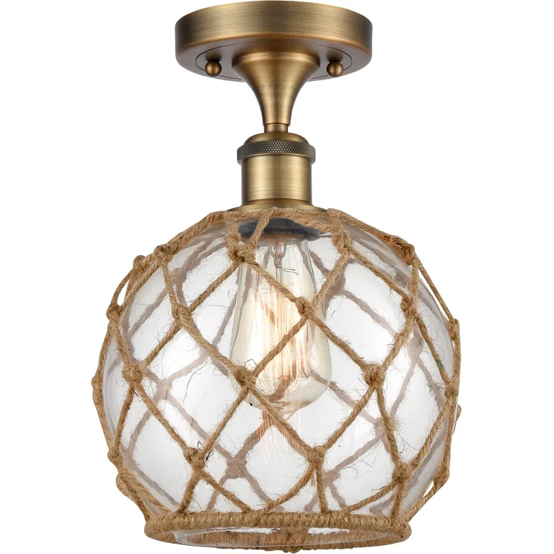Ballston Farmhouse Rope LED 8 inch Brushed Brass Semi-Flush Mount Ceiling Light in Clear Glass with Brown Rope, Ballston