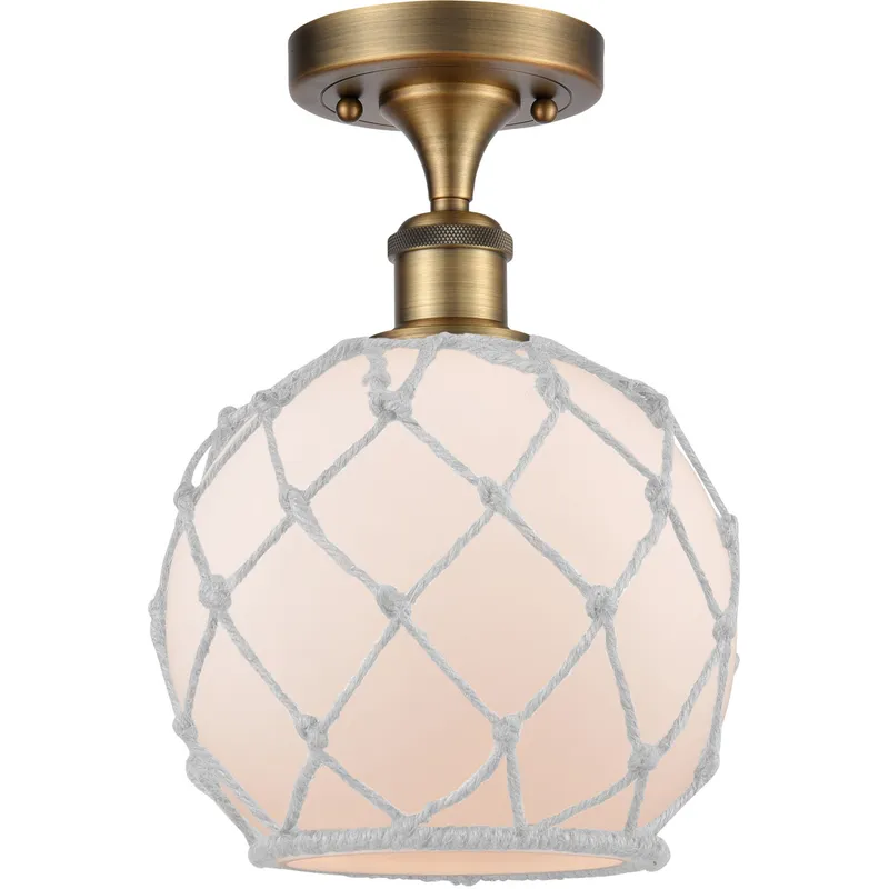 Ballston Farmhouse Rope LED 8 inch Brushed Brass Semi-Flush Mount Ceiling Light in White Glass with White Rope, Ballston