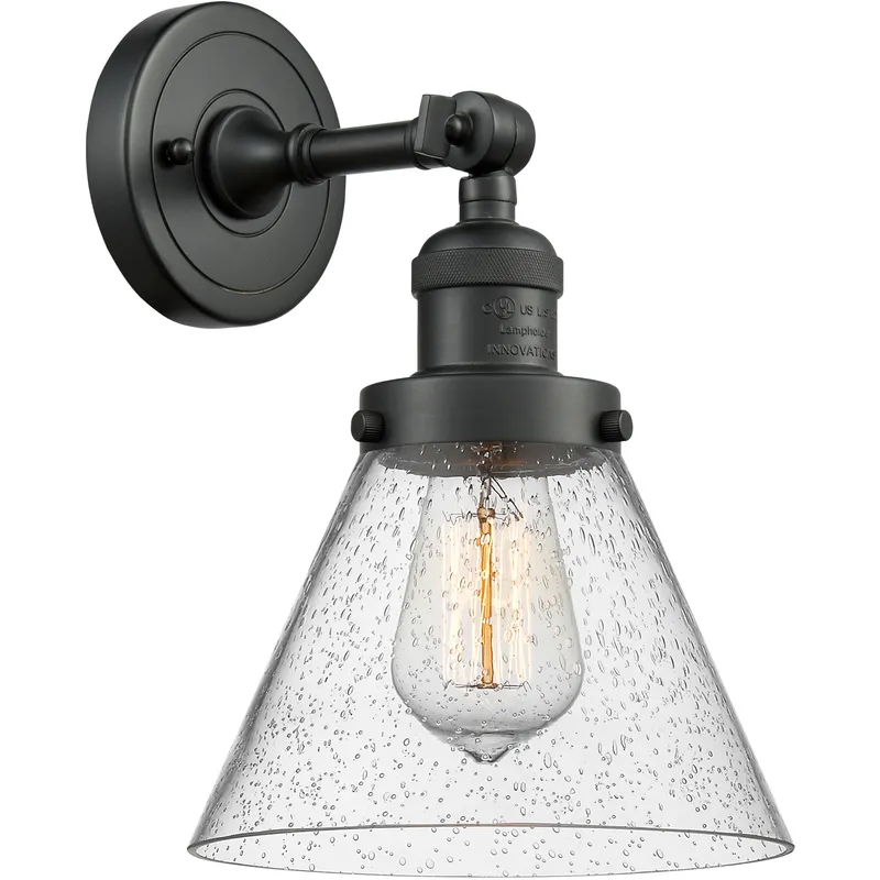 Franklin Restoration Large Cone 1 Light 8 inch Matte Black Semi-Flush Mount Ceiling Light in Seedy Glass, Franklin Restoration