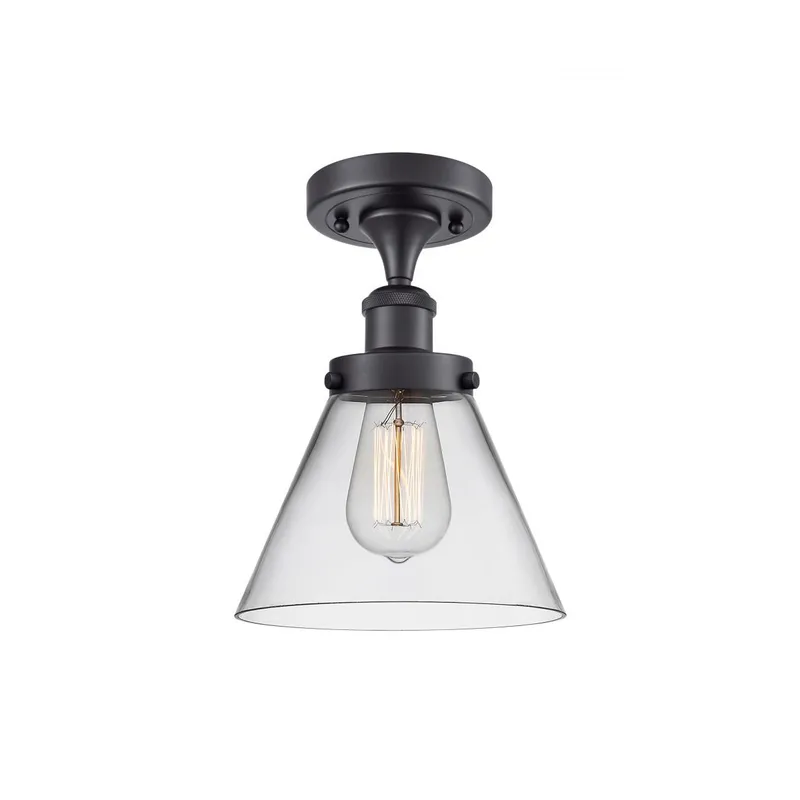 Ballston Large Cone LED 8 inch Matte Black Semi-Flush Mount Ceiling Light in Clear Glass, Ballston