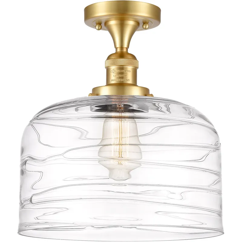 Franklin Restoration Bell LED 12 inch Satin Gold Semi-Flush Mount Ceiling Light in Clear Deco Swirl Glass
