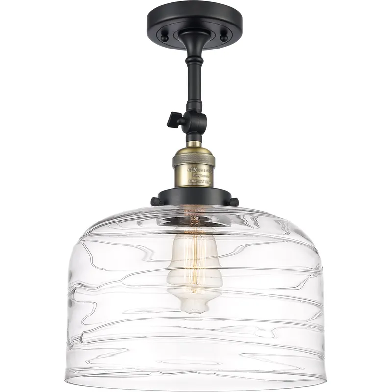 Franklin Restoration Bell LED 12 inch Black Antique Brass Semi-Flush Mount Ceiling Light in Clear Deco Swirl Glass